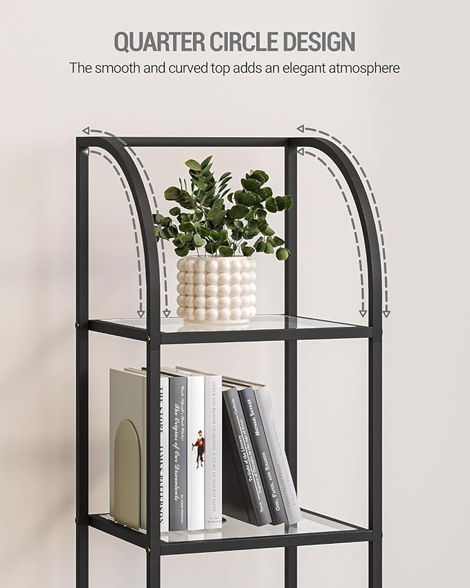 Hzuaneri Bookcase Bookshelf, Tempered Glass Arched Bookshelf for More Storage, Slim Shelving Unit for Bedroom, Bathroom, Home Office, Steel Frame, 6 Tier Black BC20699B