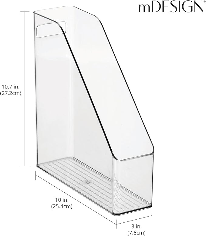 mDesign Plastic Slim Vertical File Folder Storage Organizer Bin with Handle - Hold Notebooks, Binders, Envelopes, Magazines for Home Office, Work Desktops, Ligne Collection, Clear
