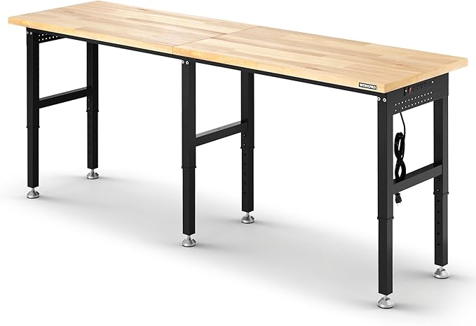 WORKPRO 96x24" Heavy-Duty Adjustable Workbench, 4000LBS Load Capacity Work Table with Power Outlet & Pegboard, Rubber Wood Top Workstation with Leveling Foot for Garage, Workshop