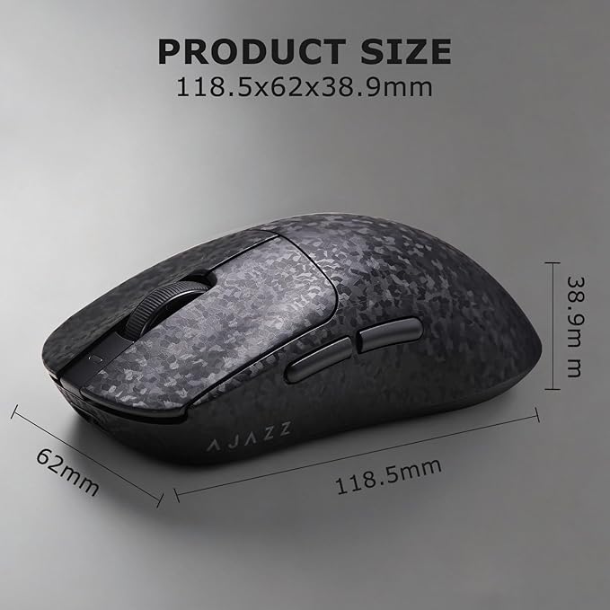 AJ199 Hybrid Wireless Gaming Mouse | Genuine Carbon Fiber Grip Shell | Tri-Mode 2.4G/Bluetooth/USB-C | 60g Balanced Lightweight | 24K DPI PAW3311 | 119mm Compact | PC/Mac/Travel | Black