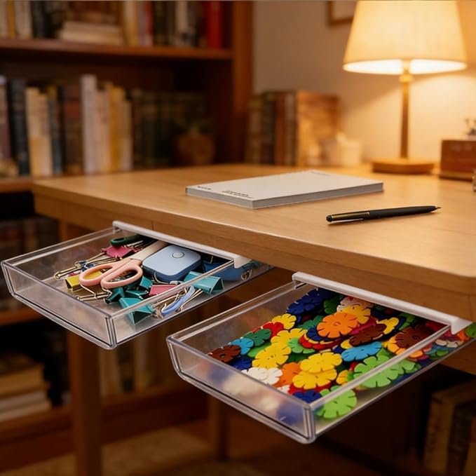 3 Pack Under Desk Drawer - Self-Adhesive Slide Out Organizer Tray, Hidden Stick-On Plastic Drawer for Office, Home, School & Kitchen