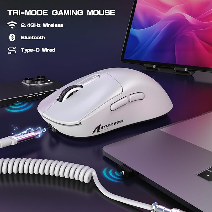 ATTACK SHARK X3MAX Wireless Gaming Mouse,PixArt PAW3950 Gaming Sensor,Up to 42K DPI,100 Million Micro,49g Lightweight Tri-Mode(BT5.2/2.4Ghz/Wired) Mice with Coiled Cable-White
