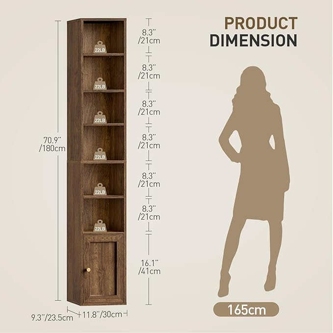 RALGEND 7-Tier Tall Narrow Bookshelf with Door, 70.9 Inches CD DVD Slim Media Tower Rack with Storage Cabinet, Adjustable Shelves, Skinny Bookshelf Display Bookcase for Home Office, Walnut
