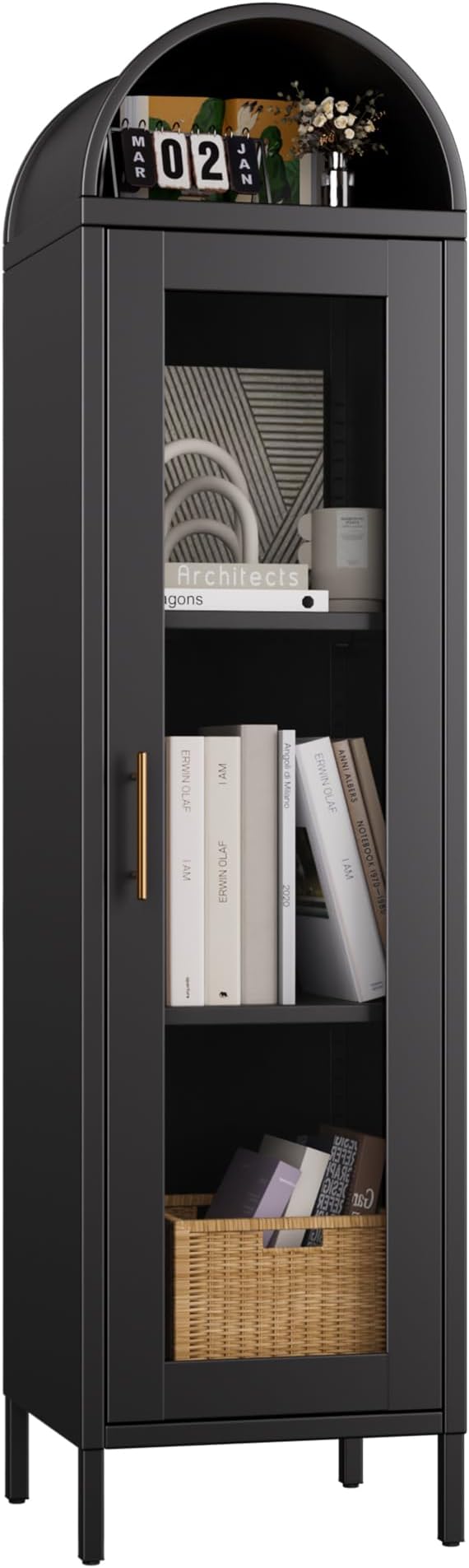 Aobabo 63“H Metal Arched Display Cabinet with Glass Door,Arched Bokcase with 2 Adjustable Shelves for Home Office,Assembly Required, Black