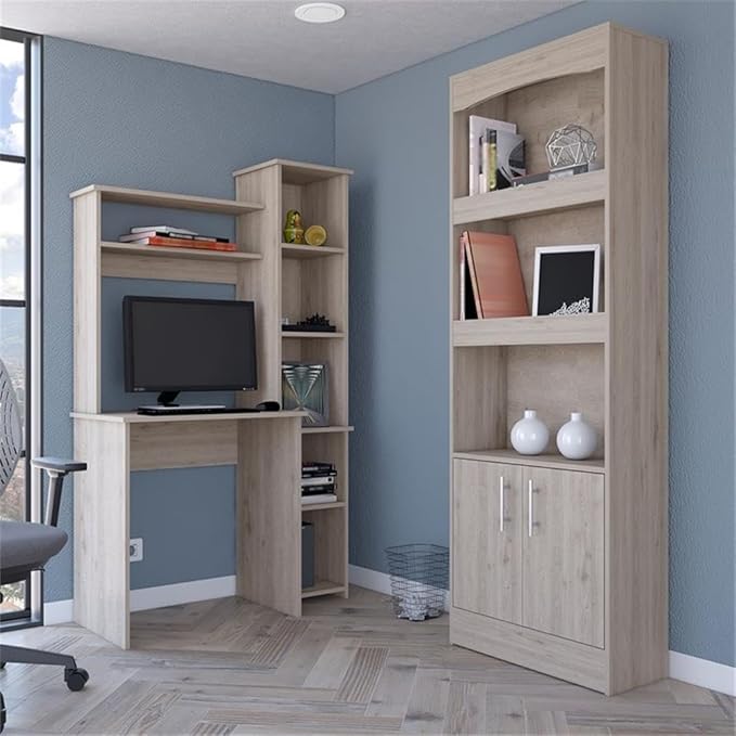Pemberly Row Contemporary 2-Piece Engineered Wood Office Set, Light Gray Finish, Includes Aramis Desk with Hutch and Side Shelves, Dozza Bookcase with Cabinet and Display Tiers, Compact Home Office