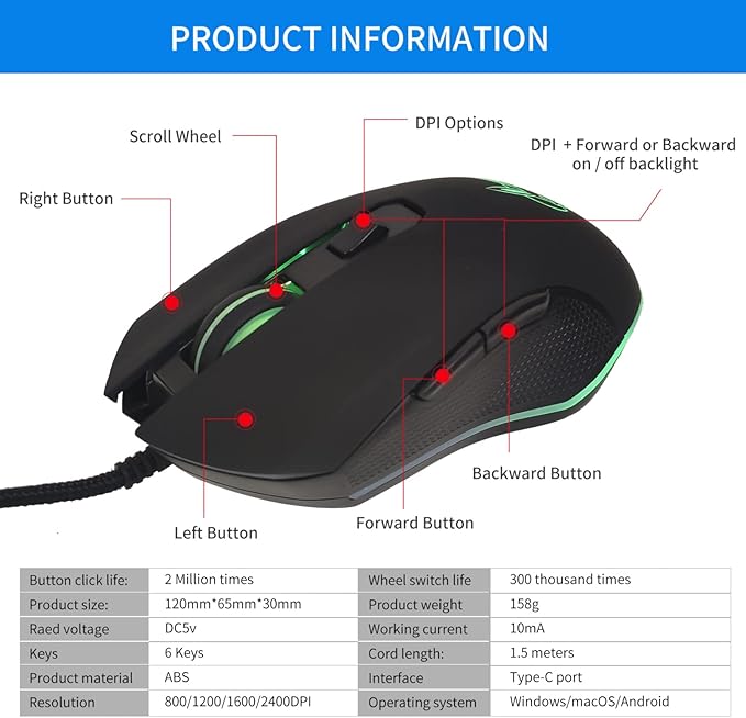 IULONEE USB Type C Wired Mouse,Silent Computer Mouse Optical Gaming Mice Ergonomic 7 LED Backlight 2400 DPI 6 Buttons for Office Home Windows PC,Laptop,Desktop,Notebook,MacBook (Type-C Black)