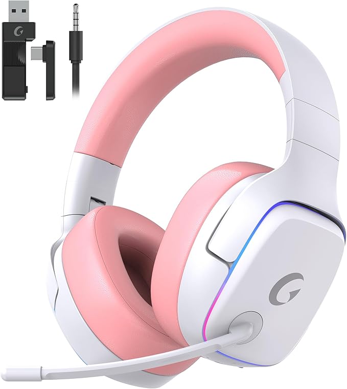 Gvyugke 2.4GHz Wireless Gaming Headsets for PS5, PS4, PC, Switch - Bluetooth 5.3 Gaming Headphones with Noise Canceling Mic, 7.1 Surround Sound, 70H Battery, RGB Lighting - Pink