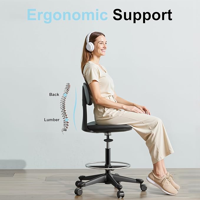 Drafting Chair with Auto-Lock Gravity Wheel,Height Adjustable Standing Desk Chair,Tall Drafting Stool,with Back Support & Foot Rest,No Arms,for Studio,Lab,Office or Home