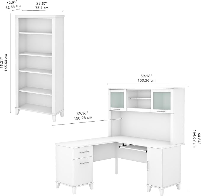 Bush Furniture Somerset 60W L Shaped Desk with Hutch and 5 Shelf Bookcase