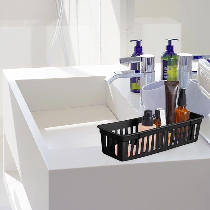 Domensi 24 Pcs Slim Plastic Storage Baskets Tray for Organizing 10.25 x 3.25 x 2.5 Inch Small Storage Bins Stackable Drawer Pencil Trays Holder for Desk Garage Office Containers(Black)