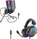 FIFINE Gaming USB Microphone with Headset Bundle for PS5, PC Condenser Mic with Quick Mute, RGB, Gain Control for Streaming, Wired Headphones with Microphone Set with EQ Mode, Soft Ear Pads (A6V+H6)