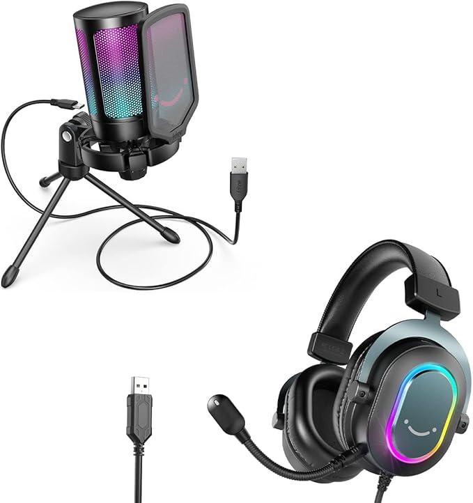 FIFINE Gaming USB Microphone with Headset Bundle for PS5, PC Condenser Mic with Quick Mute, RGB, Gain Control for Streaming, Wired Headphones with Microphone Set with EQ Mode, Soft Ear Pads (A6V+H6)