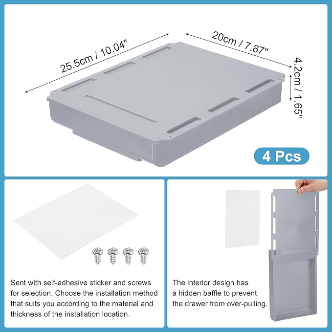 PATIKIL Under Desk Drawer, 4 Pcs Under Table Storage Self-Adhesive Attachment Drawers Organizer for Pens Standing Desk Office Studio Home, Gray, Large