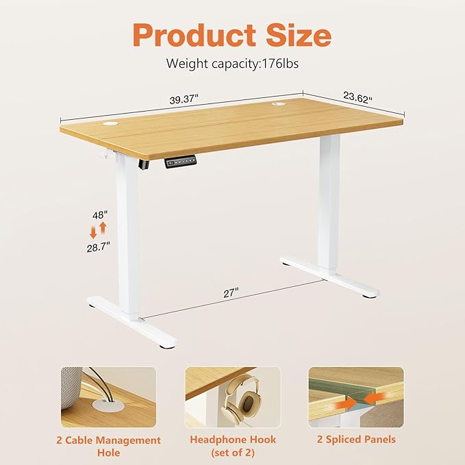 Sweetcrispy Electric Standing Desk Adjustable Height, 40x24 Inch Sit Stand Up Home Office Desks Computer Workstation PC Work Table with 3 Memory Preset Splice Wood Board Metal Frame, Oak