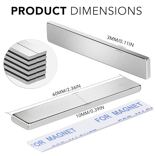 TRYMAG Neodymium Magnet, 50 Pack Strong Bar Magnets with Double-Sided Adhesive, Heavy Duty Metal Magnet Bar, Epoxy Coating Earth Magnets Perfect for Shower Door, Garage, Science, DIY - 60 x 10 x 3 mm