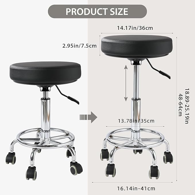 Adjustable Rolling Stool with Wheels Heavy Duty 500lb Round Rolling Stool with Footrest, Patent Leather Drafting Stool Chair with Wheels Work Spa Salon Seat, Black