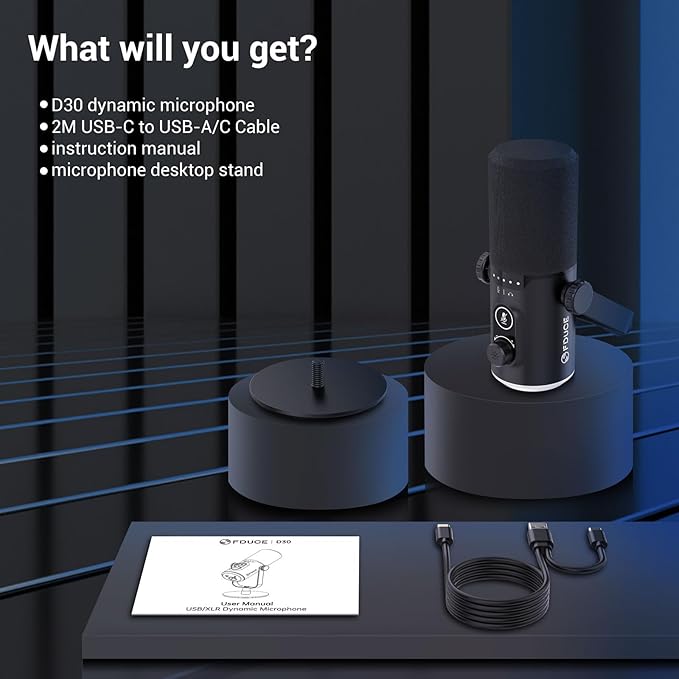 FDUCE USB/XLR Gaming Microphone kit, Dynamic PC Mic for Podcasting Streaming, Computer RGB Mic Kit with Desktop Stand, Mute Button and Headphone Jack, for Recording, Vocal Voice-Over (D30)