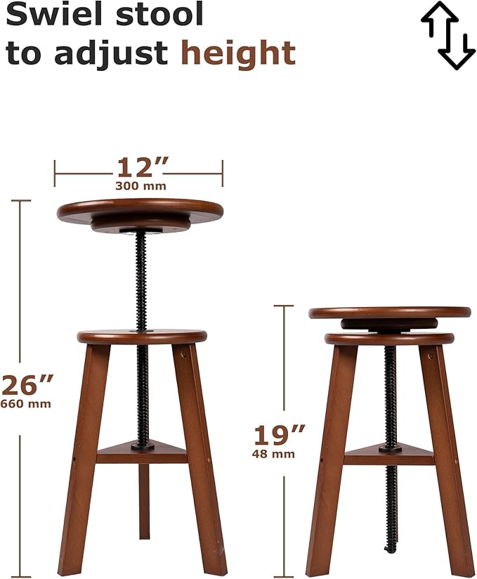 DJAR Wooden Drafting Stool, Beech Wood, Artist Stool Chair with Adjustable Height, Supports Up to 180 Lbs, for Artists, Home, Kitchen, or Office, Walnut