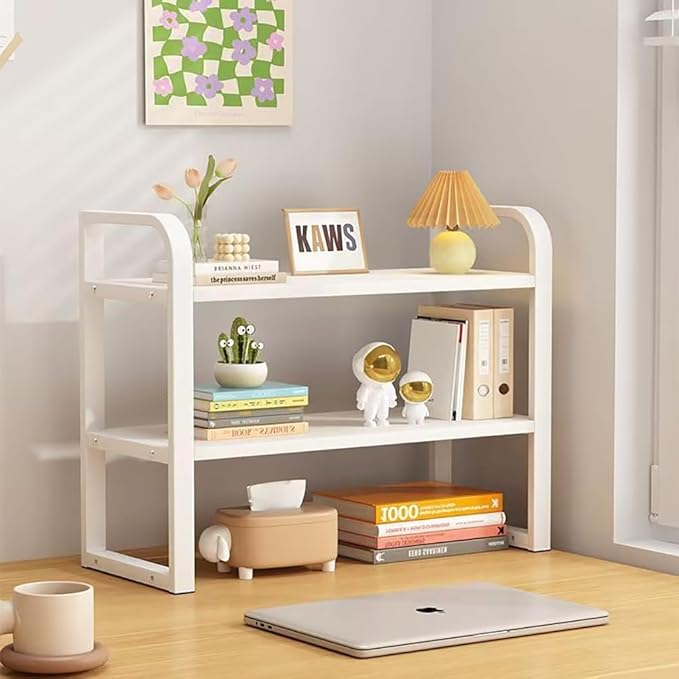 Hbluefat Desktop Organizer Shelf, 2-Tier Adjustable Desk Bookshelf, Tabletop Small Wood Bookcase, Multipurpose Display Storage Rack for Home Office (White+White)