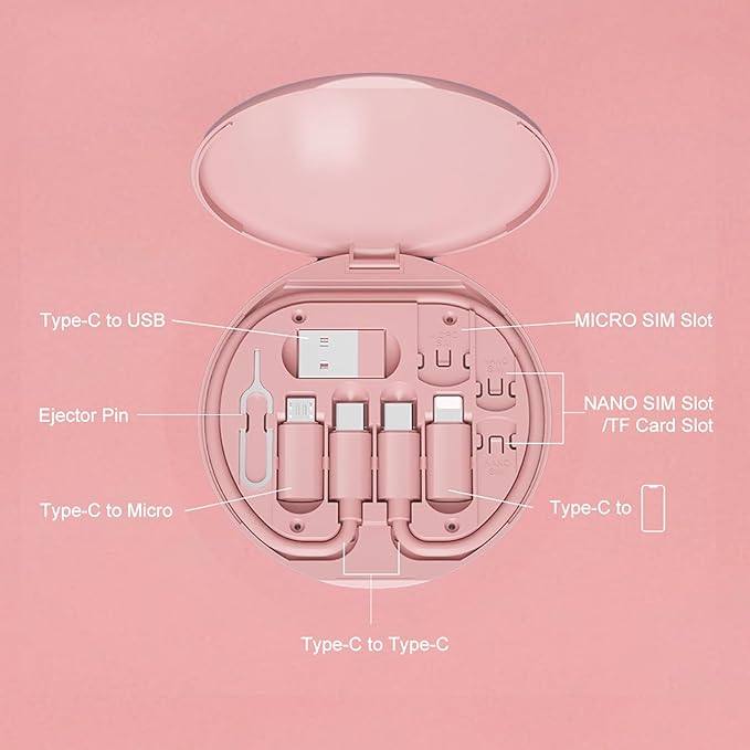 9 in 1 Cable Case USB Adapter Cable Conversion Storage Box USB Type C to Micro USB/Lightning/USB A Cable Data Transfer Tool Contains Sim Card Slot Tray Eject Pin Use as Phone Holder (Pink)