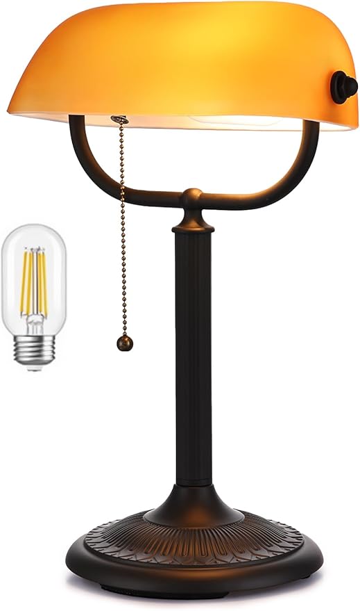 Newrays 1-Minute Quick-Change Shade Antique Matted Amber Glass Bankers Desk Lamp,Plug in Fixture for Study, Office, Library,LED Bulb Included