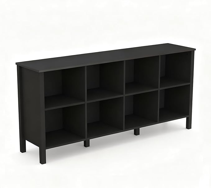 8-Cube Bookcase, Farmhouse Wooden Bookshelf Low Storage Organizer, 59" Horizontal Black Console with Legs, Hallway Book Case for Entryway, Display Cabinet for Living Room (Black, 8-Cube)