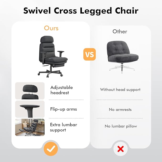 GXJ Criss Cross Chair with Flip-up Arms, Executive Office Chair with Foot Rest, Swivel Cross Legged Office Chair with Lumbar Pillow&Headrest, Corduroy Comfy Computer Desk Chair for Home, Black