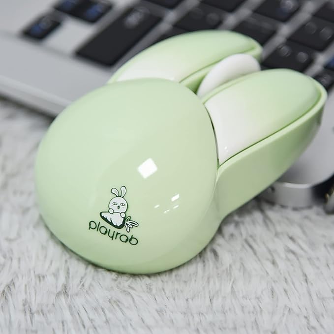 Lomiluskr Cute Bunny Wireless Mouse, Lightweight Soundless Mice, 2.4G Wireless Mice, Candy Colors, Kawaii Rabbit Mouse for Girls and Kids (Green Bunny)