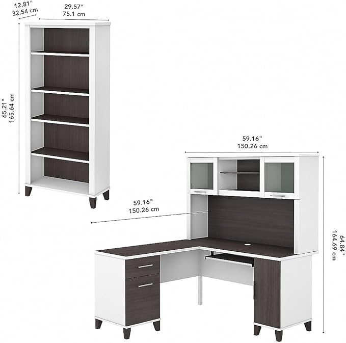 Bush Home Somerset 60W L Shaped Desk with Hutch and 5 Shelf Bookcase in White and Storm Gray