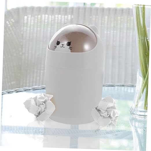Healifty Cute Bear Desktop Trash Can Lid Mini Plastic Garbage Bin for Office and Bedroom Slim Waste Container for Table Cartoon Themed Small Trash Can