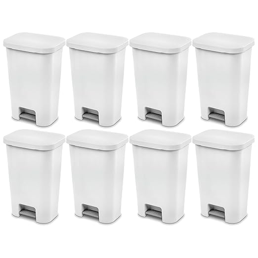 Sterilite 11.9 Gallon Rectangular Step On Kitchen Plastic Indoor Wastebasket with Wide Opening Lid and Comfort Handle for Home, White (8 Pack)