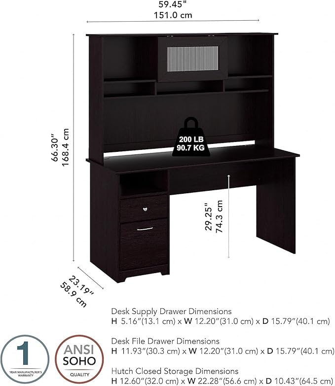 Bush Furniture Cabot 60W Computer Desk with Hutch and Drawers in Espresso Oak