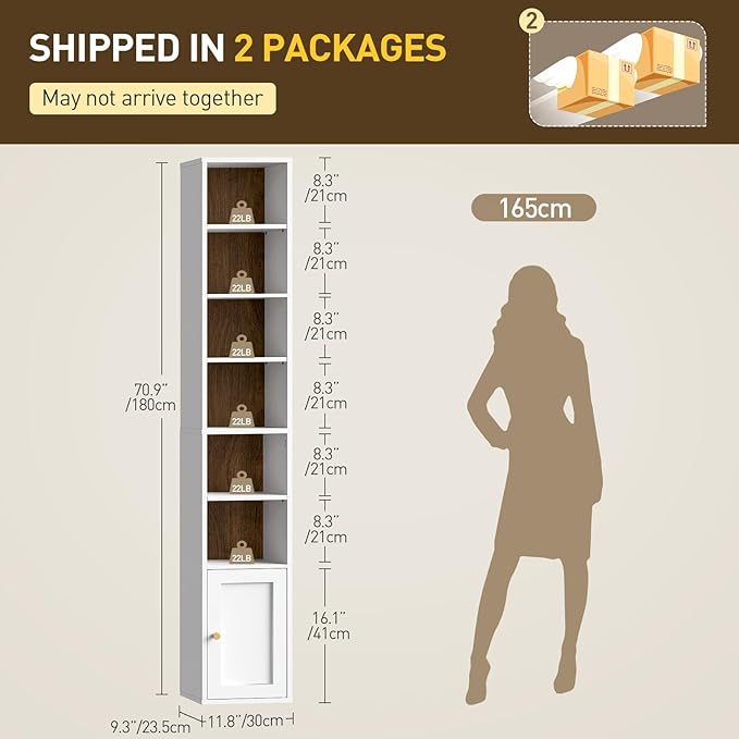RALGEND 7-Tier Tall Narrow Bookshelf with Door Set of 2, 70.9 Inches CD DVD Slim Media Tower Rack with Storage Cabinet, Adjustable Shelves, Skinny Bookshelf Display Bookcase, White and Walnut