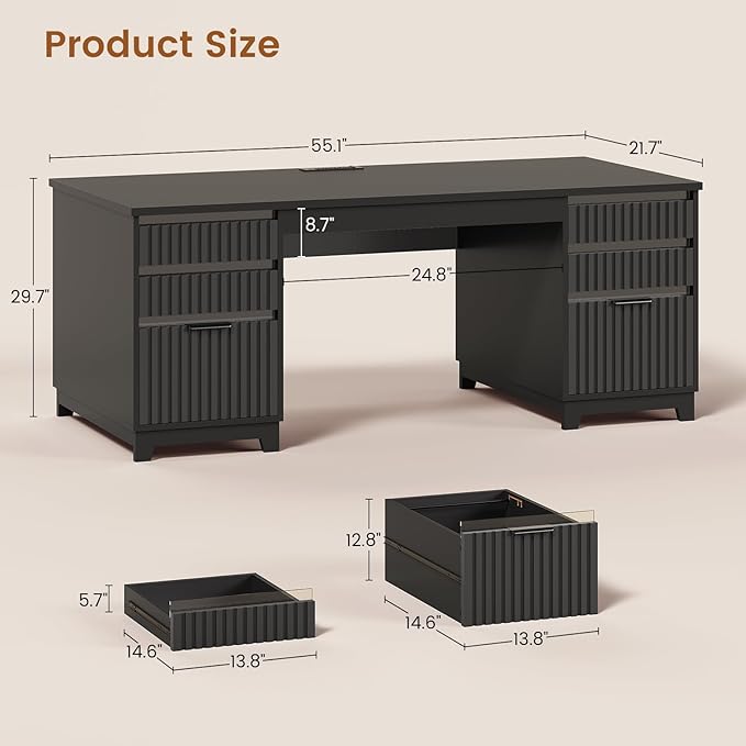 SEDETA 55.1" Fluted Office Desk with 6 Drawers, Modern Executive Desk with Acrylic File Drawers, Computer Desk with Power outlets for Home Office and Study (Black)