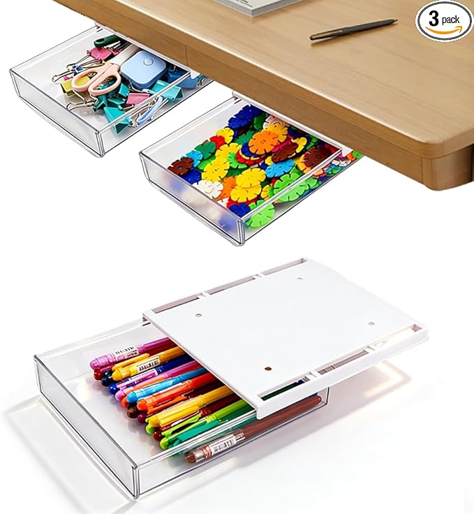 3 Pack Under Desk Drawer - Self-Adhesive Slide Out Organizer Tray, Hidden Stick-On Plastic Drawer for Office, Home, School & Kitchen