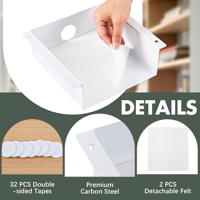 Yaocom 2 Pack Under Desk Hanging Shelf, Carbon Steel Storage Tray with Mute Felt Sheets, Mount Shelves Organizer for Office Home Workstation Gaming Desk Stand up(7.5x8x2.8 in/Storage Shelf,White)