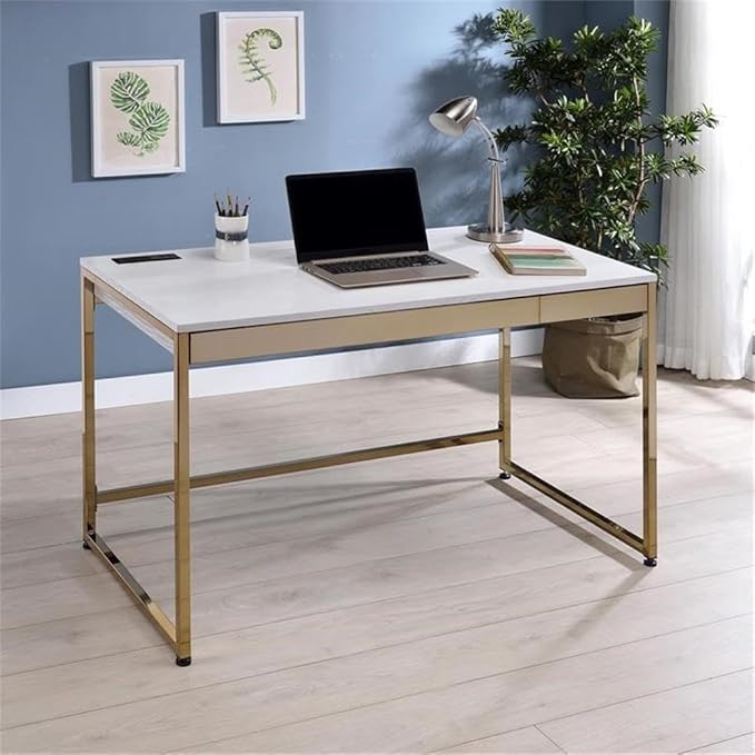Furniture of America Abair 2-Piece White Metal Desk with USB and Chair Set