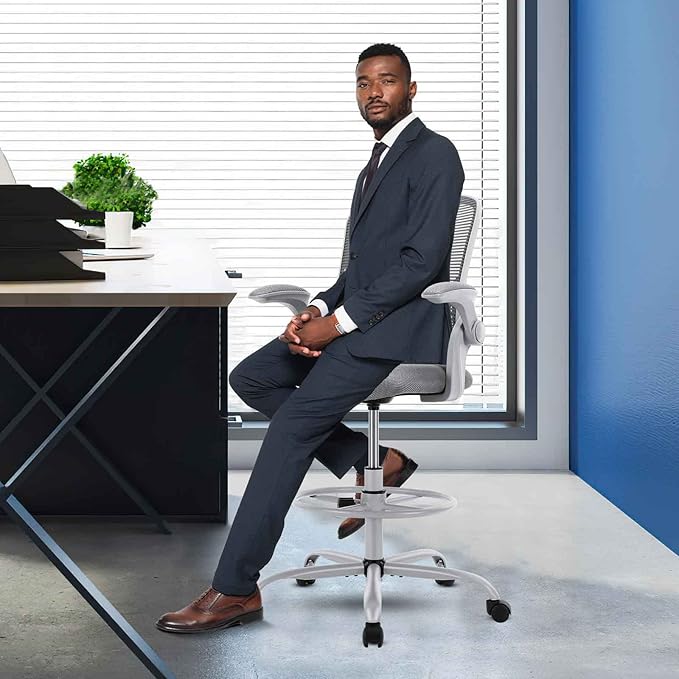 JHK Drafting Tall Office Chair Standing Desk Counter Height Adjustable Chairs with Flip-up Padded Armrests