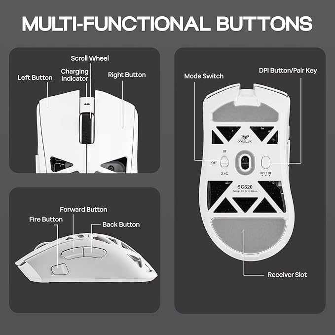 MechLands Aula SC620 Gaming Mouse, 2.4G/USB-C/BT Wireless Mouse with 400mAh Battery, Adjustable 12,000 DPI & 1000 Polling Rate, PAW3311 Sensor, RGB Lighting, Programmable Buttons, for Win/Mac (White)