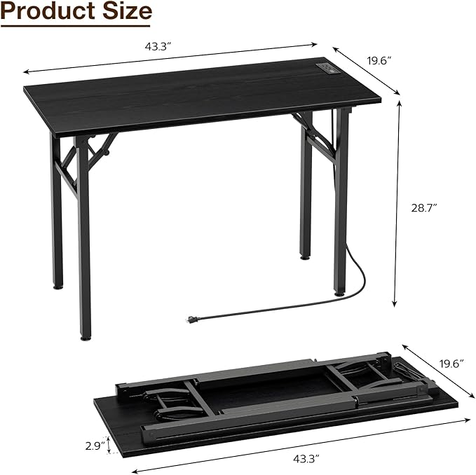 TEMI Foldable Desk with Power Outlets & USB – Dark Oak (44.3")
