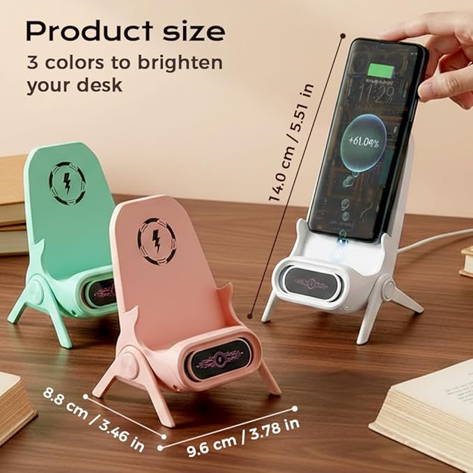 Mini Chair Wireless Fast Charger Multifunctional Phone Holder, 2026 New Wireless Fast Charger Phone Stand with Speaker, 3 in 1 Charging Desktop Stand for Cell Phones (Green)