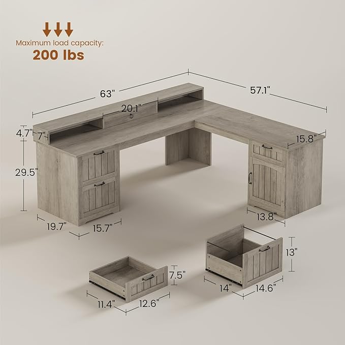 SEDETA 63" L Shaped Desk with Drawers, Farmhouse Corner Computer Desk, Wood Office Desk with File Drawers with Storage, Executive Desk with Monitor Stand and Storage Cabinet, Grey