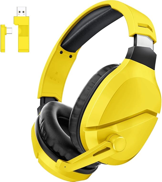 WolfLawS Wireless Gaming Headset with Noise Canceling Microphone for PS5, PC, PS4, 2.4G/Bluetooth Gaming Headphones with USB and Type-c Connector, Wired Mode for Controller - Yellow