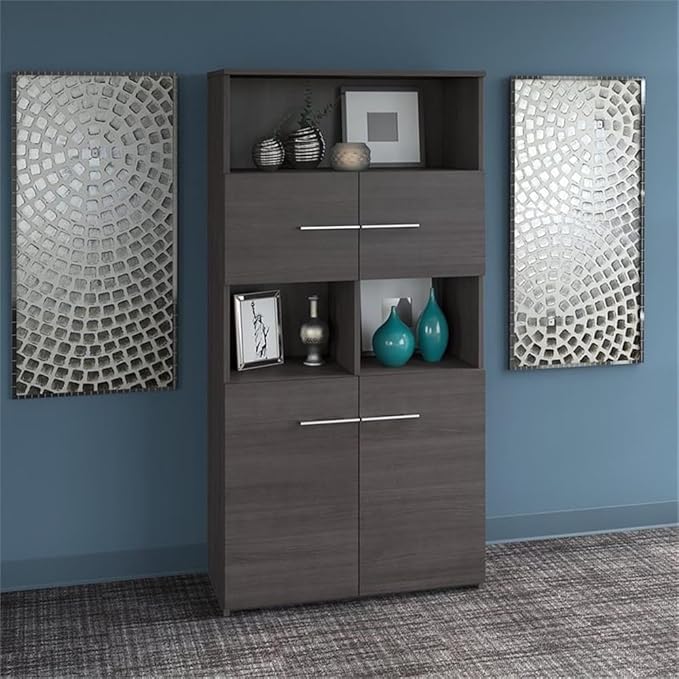 Pemberly Row Set of 2 Office Desk & 5-Shelf Bookcase in Storm Gray