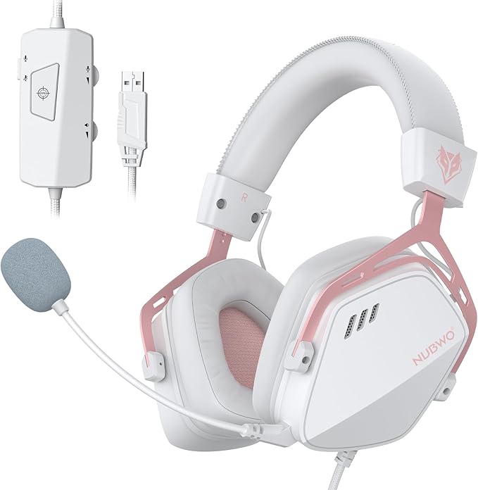 NUBWO HG03 USB-A Gaming Headset with 7.1 Surround and FPS Sound, Wired Headphones with Noise Canceling Mic, Comfortable Design for PC, Laptop - White Pink