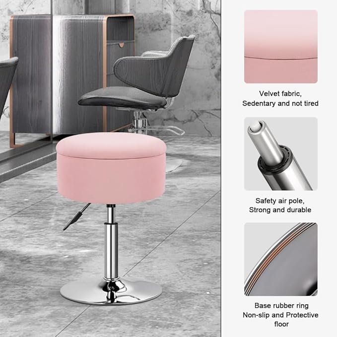 KKTONER Velvet Round Vanity Stool with Storage Height Adjustable Makeup Chair with Swivel Base Non-Slip Small Vanity Stool for Spa Salon Dressing Room Bedroom (Pink)