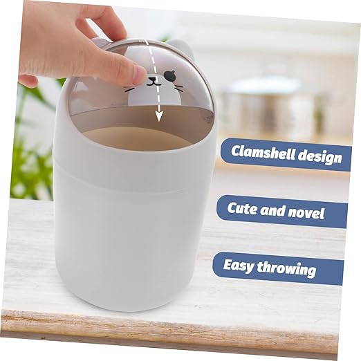 Healifty Cute Bear Desktop Trash Can Lid Mini Plastic Garbage Bin for Office and Bedroom Slim Waste Container for Table Cartoon Themed Small Trash Can