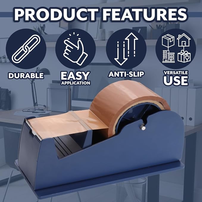 JDS 4 Pack Desktop Industrial Metal Tape Dispensers (8 Replacement Blades) - Pull and Tear Heavy-Duty Weighted Non-Skid Adhesive Roll Holder for Office, Home, School, Gift-Wrapping, and Craft Use