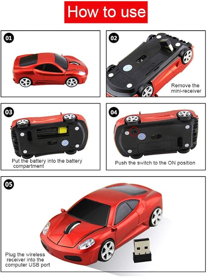 Jinfili Sleep Sport Car Shaped Wireless Computer Mouse Ergonomic Gaming Optical Mouse USB 2.4G Mini Receiver Office Accessories for PC Windows Laptop Notebook Mac