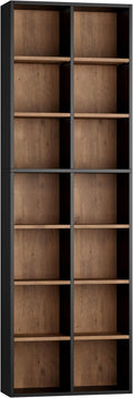 FOTOSOK 71'' Tall Bookshelf with 14 Cubes, 7 Tier Double Wide Wood Bookshelf with 6 Adjustable Shelves, 19.6" Narrow Bookcase DVD/CD Media Storage, Space Saving Display Shelf Cabinet, Black/Brown
